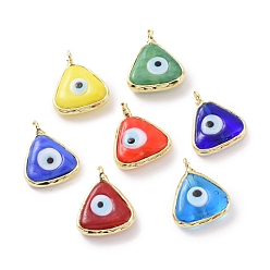 Mixed Color Handmade Evil Eye Lampwork Charms, with Real 18K Gold Plated Tone Brass Findings, Triangle Charm, Mixed Color, 12x13x4mm, Hole: 2mm