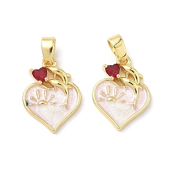 Белый Латунь микропаве фианиты с подвесками из эмали, Сердце со цветками , реальный 18 k позолоченный, белые, 15x10.5x3 мм, отверстие : 4.5
x3 мм
