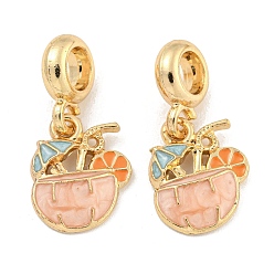 Pink Стойка покрытие сплав эмаль напиток европейские подвески, Подвески с большими отверстиями, золотые, без кадмия, без никеля и без свинца, розовые, 25 мм, отверстие : 4.6 мм, напиток: 15x12x3мм