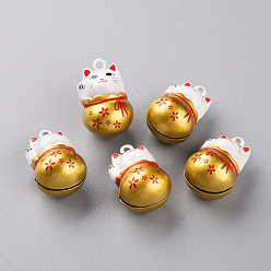 Goldenrod Baking Painted Brass Bell Pendants, Maneki Neko/Beckoning Cat, Goldenrod, 26.5x17x16mm, Hole: 2mm