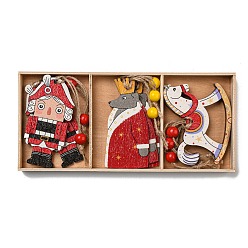 Mixed Shapes 9шт 3 стили рождественские деревянные подвесные украшения набор, веревки из мешковины для подвешивания елочных украшений, щелкунчик, разнообразные, 123~170 мм, 3 шт / стиль