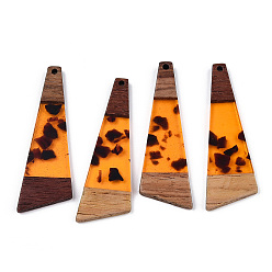 Coral Transparent Resin & Walnut Wood Big Pendants, Trapezoid Charm, Coral, 57.5x19.5x3mm, Hole: 2mm