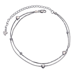 Platinum Rhodium Plated 925 Sterling Silver 2-Layered Anklet, Hearts and Small Beads, Platinum, 210mm