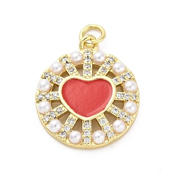 Красный Подвески из латуни с микропаве из кубических цирконий, эмали и искусственного жемчуга ABS, без кадмия и без свинца, круглый с сердечками, реальный 16 k позолоченный, красные, 23.5x19x3.5 мм, отверстие : 3.2 мм