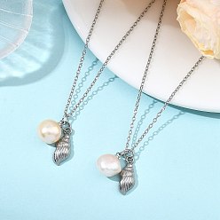 Нержавеющая Сталь Цвет Океан 304 подвеска из нержавеющей стали в форме раковины и подвеска из натурального культивированного пресноводного жемчуга на цепочке для женщин, цветочный белый, цвет нержавеющей стали, 19.69 дюйм (50 см)