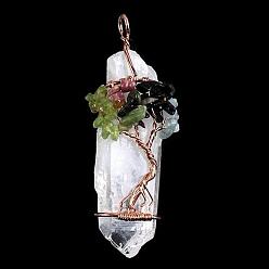 Rose Gold Natural Quartz Crystal & Peridot & Tourmaline & Aquamarine Pendants, Tree of Life, Rose Gold, 50~60x10~15mm