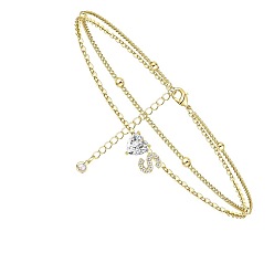 Letter S Двухслойные браслеты на ногу с подвесками в виде сердца и буквы из латуни и кристаллов горного хрусталя, золотые, Письмо с, 8-5/8 дюйм (220 мм)