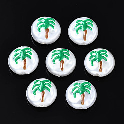 Vert 3d perles d'imitation en plastique ABS imprimées, rond et plat avec des arbres de noix de coco, verte, 12x5mm, Trou: 1.5mm