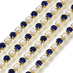 Sapphire Brass Rhinestone Strass Chains, with ABS Plastic Imitation Pearl, Rhinestone Cup Chain, Grade A, Raw(Unplated), Sapphire, 2x2mm, 4000pcs rhinestone/bundle, about 32.8 Feet(10m)/bundle