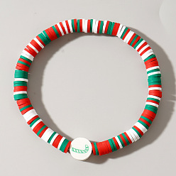 Разноцветный Рождественские браслеты из полимерной глины в стиле хейши и акриловых бусин, эластичные, для женщин., плоский круглый с конфетным тростником, красочный, 6.89 дюйм (17.5 см)