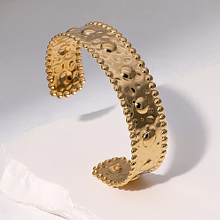 Chapado en Oro Real 18K 304 Brazaletes abiertos texturizados con borde de cuentas de acero inoxidable para mujer, real 18 k chapado en oro, diámetro interior: 2.56 pulgada (6.5 cm)
