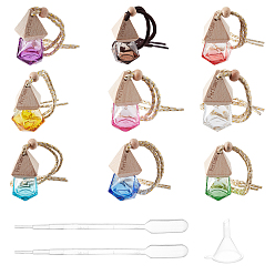 Mixed Color Empty Fragrance Oil Aromatic Perfume Oil Glass Pendant Decorations, with Wooden Lid, Polyester Rope, Plastic Pipettes and Funnel Hopper, Polygon, Mixed Color