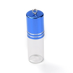 Blue Transparent Glass Perfume Bottle Pendant, with Brass Screw Cap Bottle, Blue, 53x15.5mm, Hole: 2mm, Capacity: 3ml(0.10fl. oz)