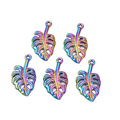 Rainbow Color Ion Plating(IP) 304 Stainless Steel Pendants, Tropical Leaf Charms, Monstera Leaf, Rainbow Color, 35x19.5x2.5mm, Hole: 2mm