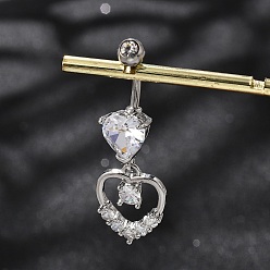 Сердце Сплав кристалл горный хрусталь подвеска изогнутая штанга живот кольца, с 304 штифтов из нержавеющей стали, платины и нержавеющая сталь цвет, сердце, 39.5 мм, штифты : 1.6 мм