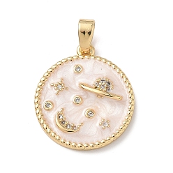 Розовый Латунные микро проложить кубического циркония подвески, плоский круглый с планетой, Эмаль стиле, реальный 18 k позолоченный, туманная роза, 19.5x17x3 мм, отверстие : 4x3 мм