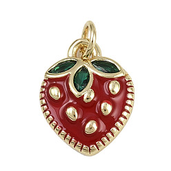 Клубника Латунные микро проложить кубического циркония подвески, с эмалью, без кадмия и без свинца, реальный 18 k позолоченный, с целью перехода в кольце, клубника, 15x12x3.5 мм, отверстие : 3 мм