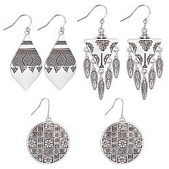 Античное Серебро 3 пары 3 серьги-подвески в стиле бохо в форме капли, плоской, круглой и треугольной формы из сплава для женщин, античное серебро, 44~59 мм, штифты : 0.7 мм, 1 пара / стиль