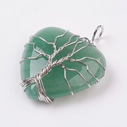 Зеленый Авантюрин Натуральные авантюрные подвески, с латунной фурнитурой платинового цвета, сердце, 40x31x10 мм, отверстие : 5 мм