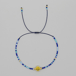 Синий Браслеты из бисера со стеклянными бусинами в виде улыбающегося лица для женщин., регулируемые браслеты шнур, синие