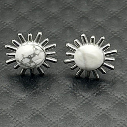 Серебро Серьги-гвоздики из сплава с натуральным тигровым глазом и цветком, серебряные