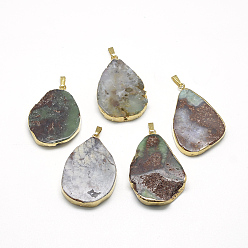 Хризопраз Подвески из натурального хризопраза с покрытием, слеза, золотые, 40~50x30~35x5~10 мм, отверстие : 2.5x6 мм