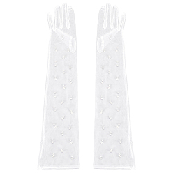 White Polyester Lace Gloves, Arm Sleeves, Bridal Gloves, with Imitation Pearl, White, 560x130x7mm, Inner Diameter: 65mm