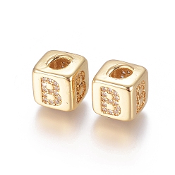 Letter B Brass Micro Pave Cubic Zirconia Beads, Long-Lasting Plated, Cube with Letter, Clear, Golden, Letter.B, 10x8x8.5mm, Hole: 1.5x3.5mm and 4mm