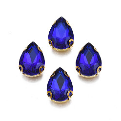 Dark Blue Sew on Rhinestone, Transparent Glass Rhinestones, with Iron Prong Settings, Faceted, Teardrop, Dark Blue, 14x10x5mm, Hole: 0.9mm