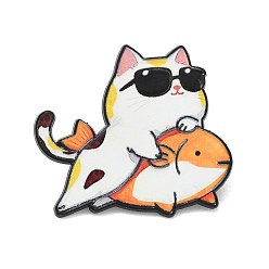 Orange Cool Cat with Sunglasses Riding Fish Printed Alloy Lapel Pin Backs for Backpack Clothes, Orange, 30x34.5mm