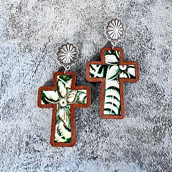 Светло-голубой Серьги-гвоздики в виде пасхального креста, с фурнитурой для сережек из сплава, платина, светло-голубой, 72 мм