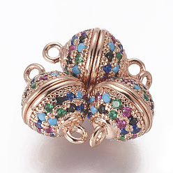 Розовое Золото Магнитные застежки из латуни с цирконием и микропаве с петлями, круглые, красочный, розовое золото , 13.5x8.5 мм, отверстие : 1.2~1.4 мм