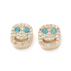 Medium Turquoise Brass Micro Pave Cubic Zirconia Beads, Lead Free & Cadmium Free, Long-Lasting Plated, Real 18K Gold Plated, Oval with Smiling Face, Medium Turquoise, 9x8x4mm, Hole: 1mm