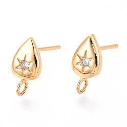 Teardrop Латунные микро-паве прозрачные серьги-гвоздики из циркония, долговечный, без никеля , реальный 18 k позолоченный, слеза, 11x5.9 мм, отверстие : 1.8 мм, штифты : 0.8 мм