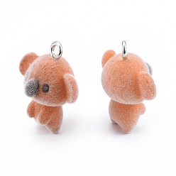 Шоколадный Непрозрачные подвески смолы, с платиновыми тоновыми железными петлями, стайные прелести коалы, цвет шоколада, 26x20x14 мм, отверстие : 2.5 мм