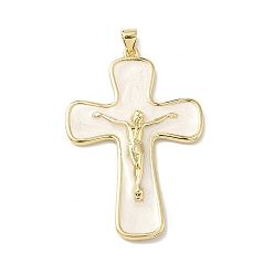Белый Латунь эмаль подвески, крест прелести, долговечный, без кадмия и без свинца, стойки покрытие, реальный 18 k позолоченный, белые, 46x31x5 мм, отверстие : 3.5x5 мм