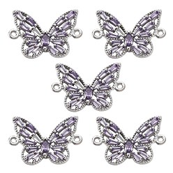 Платина Латунные соединители с кубическим цирконием, без никеля , бабочка, сирень, платина, 13x18x2.5 мм, отверстие : 1 мм
