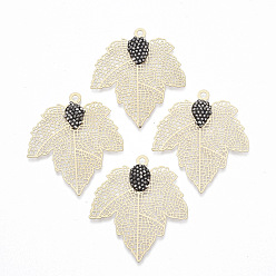 Golden Autumn Theme Brass Rhinestone Pendants, Filigree Findings, Maple Leaf, Jet Hematite, Golden, 48x45x2~3mm, Hole: 2.5mm
