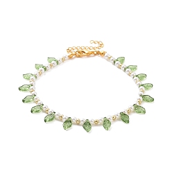 Golden Acrylic Leaf Charm Anklets with Imitation Pearl Beaded for Women, Golden, 9-1/8 inch(23cm)