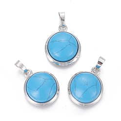 Синтетическая Бирюза Синтетические бирюзовые подвески, с латунной фурнитурой , полукруглый, платина, 23~24x19~20x8~10 мм, отверстие : 8x5 мм