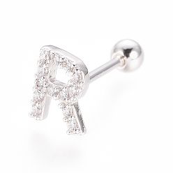 Letter R Boucles d'oreilles en argent sterling plaqué rhodium, micro pavé, zircone cubique transparente, haltère, cartilage, letter.r, 925mm, pin: 6.5x5x1.5 mm
