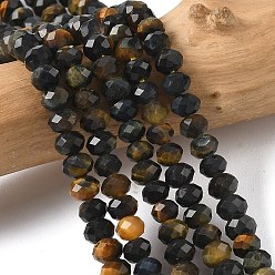 Синий Естественно тигровый глаз шарик нити, граненые, рондель, окрашенная и подогревом, синие, 5.5~6.5x4.5 мм, отверстие : 1 мм, около 91~94 шт / нитка, 15.35'' (39 см) ~ 15.43'' (39.2 см)