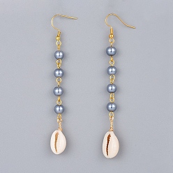 Серый Стеклянные под жемчуг болтаться серьги, с раковиной каури и латунными крючками для сережек, серые, 88~94x10~11 мм, штифты : 0.6 мм