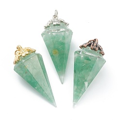 Green Aventurine Resin Pointed Pendants, with Natural Green Aventurine Inside and Brass Findings, Faceted, Cone/Spike/Pendulum, 43.5x17x19.5mm, Jump Ring: 6x1mm, 4mm Inner Diameter