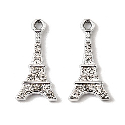 Платина Подвески со стразами из сплава с УФ-покрытием, башня, платина, 23.5x12x3 мм, отверстие : 1.8 мм