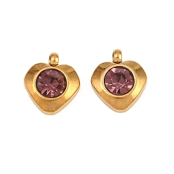 Hell Amethyst 304 Edelstahl Reize, mit Acryl-Strass, facettiert, Geburtsstein Charms, Herz, golden, Hell Amethyst, 8.2x7.2x3.2 mm, Bohrung: 1 mm