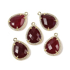 Белый Нефрит Подвески из натурального окрашенного белого нефрита в форме капли, покрытие стойки латунь микропаве прозрачные кубические циркониевые подвески, золотые, стойки покрытие, темно-красный, 20.5x15x5.5 мм, отверстие : 1.4 мм