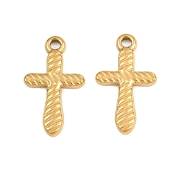 Chapado en Oro Real 18K 304 colgantes de acero inoxidable, dijes de cruz texturizados, revestimiento de iones (ip), real 18 k chapado en oro, 20x11.5x2 mm, agujero: 1.8 mm