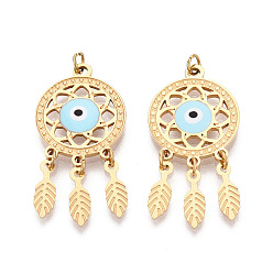 Светло-Синий 304 нержавеющей стальной эмали подвески, паутина с пером, с целью перехода в кольце, ионное покрытие (ip), реальный 18 k позолоченный, голубой, 33x16x2 мм, отверстие : 2.8 мм