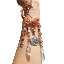 Красный Агат Обернутые проволокой натуральные чипсы сердолика и металлические подвесные украшения в форме луны, Ловец солнца с грибами и стеклянной кисточкой для украшения оконного сада, 250 мм